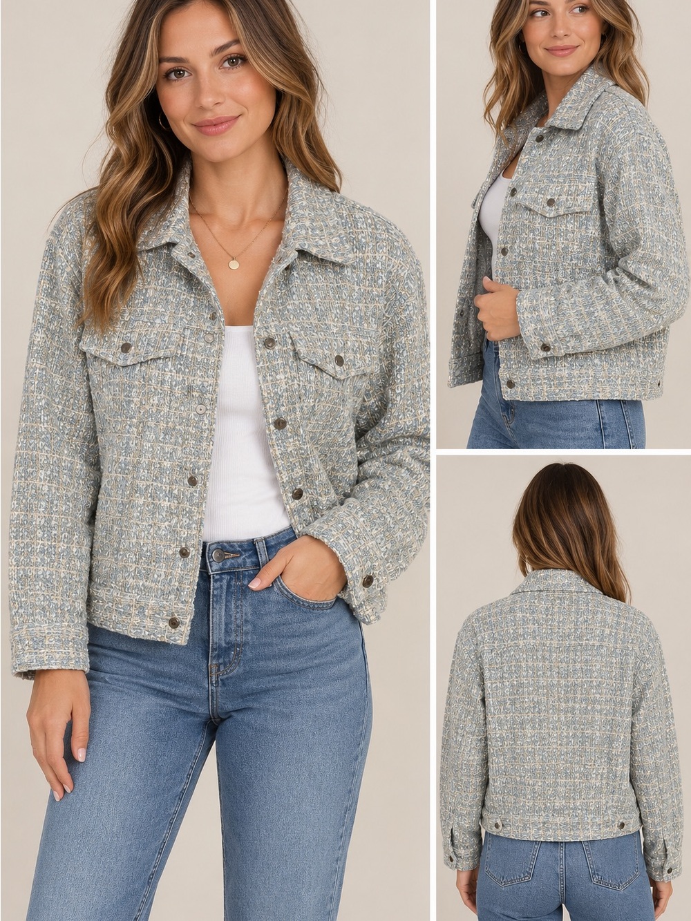 Olivaceous Heathered Tweed Button-Front Bomber Jacket in Gray-Blue